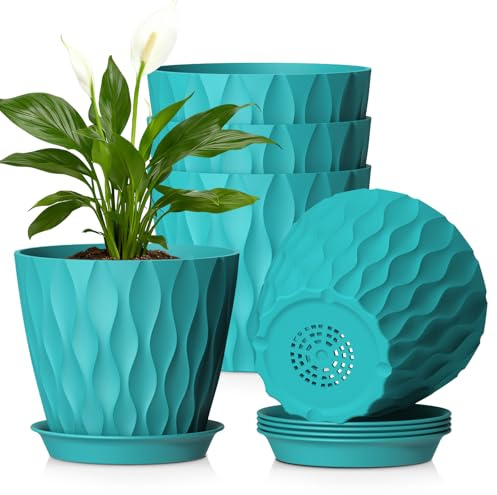 WSMKSZ 17.6cm Blumentöpfe Innen Außen, 5er Set Kunststoff Pflanztöpfe | Pflanzentopf mit Untersetzer & Abflusslöchern, 3D-Wellentextur, Übertopf für Einblatt, Efeutute, Blaugrün