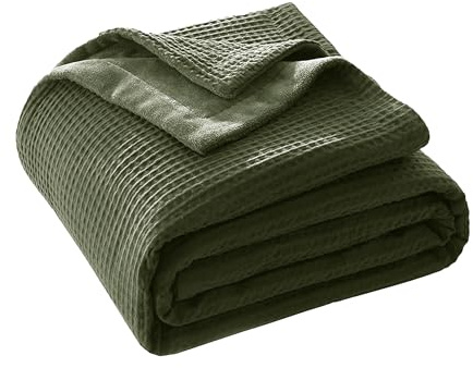 CHUFFED Baumwolldecke Kuscheldecke 220x240 cm, Beidseitig Baumwolle Waffledecke & Milchsamt, Weiche Flauschige Warme Anti-Static Tagesdecke Sofadecke Couchdecke Wohndecke Für Sofa Couch Bett Olivgrün