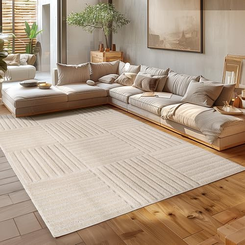 HomebyHome Wohnzimmer Teppich 160x230 cm Creme Hochflor Skandi Boho Karo Design Hoch-Tief Effekt Weicher Shaggy Langflor Flauschig Robust Pflegeleicht Modern für couchtisch