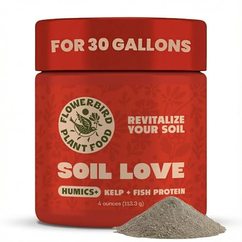 Flowerbird Soil Love – Premium Plant Food & Plant Fertilizer | Humics, Cold-Pressed Kelp & Fish Hydrolysate | Bio-Active Soil Amendment for All Plants | Pet Safe | NPK 2-1-4 (4 oz) - for 30 Gallons