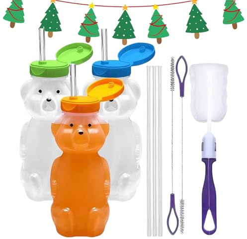 Générique Gobelet À Paille - 230ml Tasse à Eau Mignonne à Bec avec Couvercle - Tasses Ours Transparentes Mignonnes Avec Pailles,pour et Filles Cafés Glacés Thés au Lait Boissons et Consommation