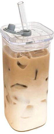 Square Glass Cups - Glass Drinking Cups, 0.38lbs Clear Reusable Square Shaped Tumbler With Lid And Straws, Transparent Beverage Cup | For Coffee Tea Milk Juice Desk Kitchen Office Travel Home Party