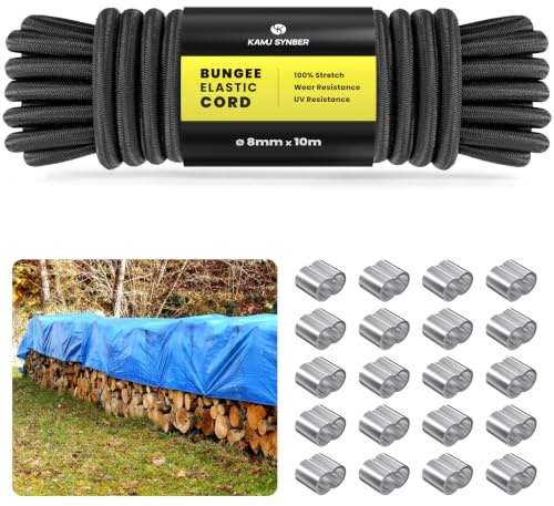 Gummiseil 8mm x 10m Expanderseil Gummischnur mit 20 Würgeklemmen | Gummikordel, Gummiband, Spanngummi, Planenseil, Spannseil, 100% Dehnung, Wetterfest, für Anhängerplane, Gepäck, Sonnensegel