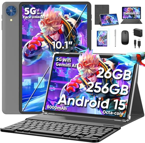 10 Inch Tablet, 2026 Android 15 Tablet with Keyboard, 26GB+256GB+2TB Expand | Tablets PC with Gemini AI, Octa-Core, 8000mAh, 5G WiFi, Widevine L1, GMS, 2 in 1 Tablets with Case, Mouse, Stylus (Silver)