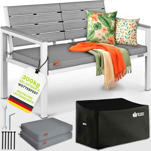 tillvex® Gartenbank Wetterfest 2-3 Sitzer mit Abdeckung & Kissen bis 300kg | Parkbank Holzoptik UV-beständig | Sitzbank inkl. Auflage für Garten Terrasse Balkon | Balkonbank mit waschbarem Polsterbezug