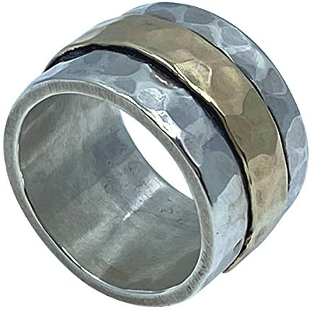 Tiljon Breiter Bicolor Drehring mit breiter drehbarer Ringschiene aus 925er Silber und 375er Gold Größen 56 (17.8)