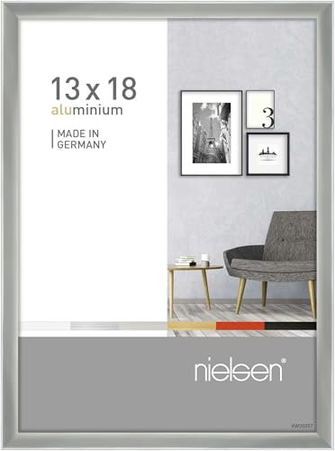 nielsen Bilderrahmen, 13 x 18 cm, Aluminium, Silber glanz, Fotorahmen zum Auftstellen und Aufhängen im Hoch- & Querformat, Echtglas, Pixel