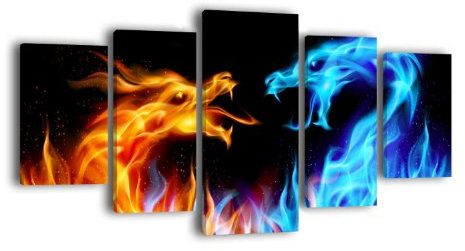 Leinwandbild Feuerdrachen LW353 Wandbild, Bild auf Leinwand, 5 Teile, 210 x 100 cm, Kunstdruck Canvas, XXL Bilder, Keilrahmenbild, fertig aufgespannt, Bild, Holzrahmen, Abstrakt, Asia, Drache