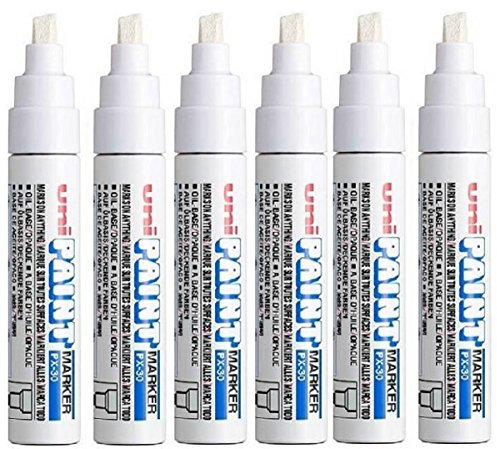 Uni Coloured Broad (4-8.5mm) PX-30 White Oil Paint Marker Pen Metal Glass Wood Plastic Stone Outdoor Chisel Nib Tip (Pack Of 6)