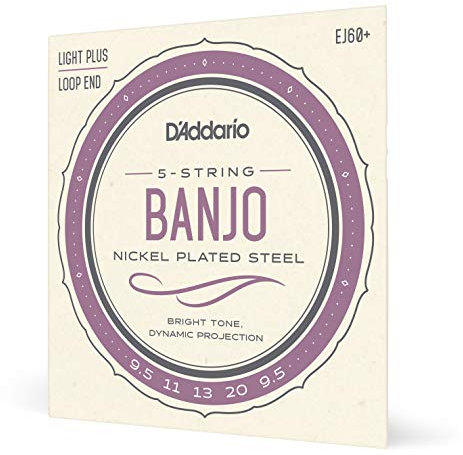Cuerdas para banjo D'Addario, acero niquelado, EJ60+, calibre Light Plus 9.5-20, juego de 5 cuerdas, paquete de 1
