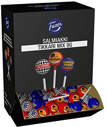 Salmiakki Lollipops und Lakritz Lolly Mix - Salmiak Lutscher Großpackung, Einzeln Verpackt Lollis in Groß XXL Box 1,35 kg von Fazer (150 stck)