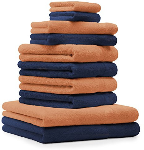 Betz 10-TLG. Handtuch-Set Premium 100% Baumwolle 2 Duschtücher 4 Handtücher 2 Gästetücher 2 Waschhandschuhe Farbe Dunkel Blau & Orange Terra