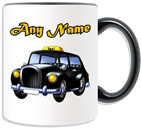 Personalised Gift - Black Cab Mug (Transport Design Theme, Colour Options) - Any Name/Message on Your Unique - London Taxi Hackney Carriage Hack Vehicle Automobile Remise Driver Taxicab Public Hire