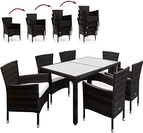 Casaria® Gartenmöbel Set 6 Personen Stühle inkl. 7cm Polster Tisch 150x90cm Balkonmöbel 160kg Belastbar Wetterfest Polyrattan Stapelbar Terrasse Möbel braun