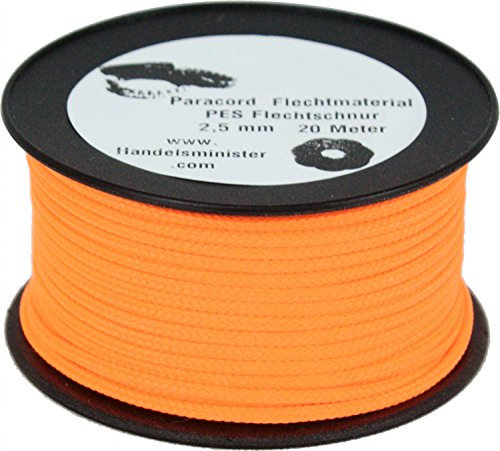 HDmirrorR Handelsminister.com 20m Paracord Schnüre Flechtschnur 2,5mm Unicolor einfarbig Mantelschnur für Paracord-Flechttechniken, Farbe:Neonorange
