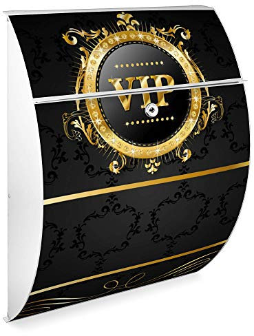 Burg Wächter Design Briefkasten | Modell Riviera 46cmx33,5cmx13cm groß | verzinkter Stahl Weiß | Postkasten mit Öffnungsstopp, großer A4 Einwurf, Zylinderschloss, 2 Schlüssel | Motiv VIP