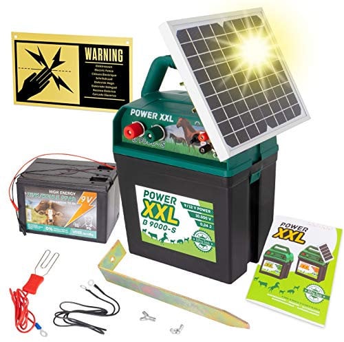 Power XXL Pastor eléctrico Solar B 9.000-S, Incl. batería de 9 V, Pastor de 9 V/12 V, con Panel Solar de Alta eficiencia, para cercados de Caballos y Ponis