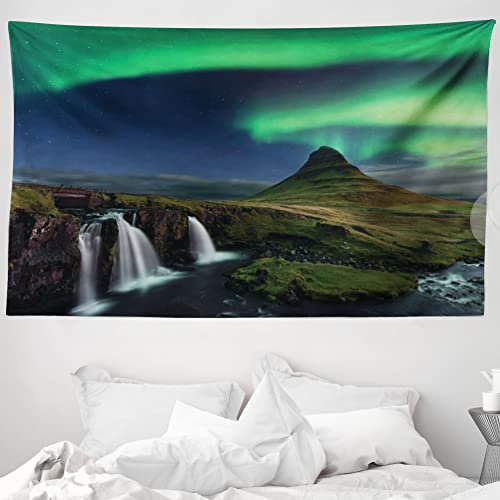 ABAKUHAUS Nordlicht Wandteppich und Tagesdecke, Wasserfall Nacht aus Weiches Mikrofaser Stoff Waschbar ohne Verblassen Digitaldruck, 230 x 140 cm, Polargrün Blau