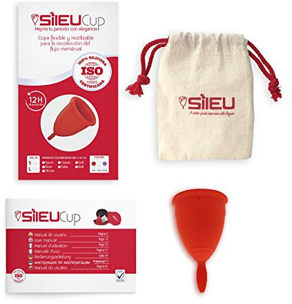 Sileu Menstrual Cup Classic - Best Alternative Protection to Tampons and Sanitary Napkins - Hypoallergenic Medical Grade Silicone - Free Pouch Bag - Size S, Red