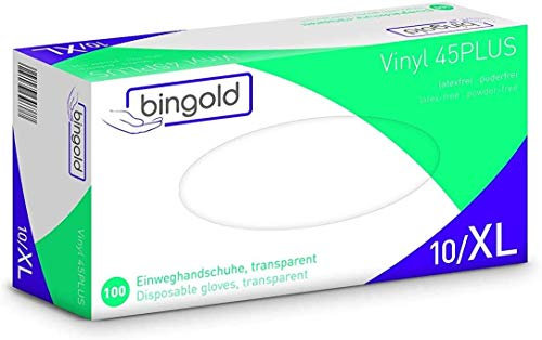 Einweghandschuhe Einmalhandschuhe Bingold Vinyl 45Plus - puderfrei - 100 Stück (XL)