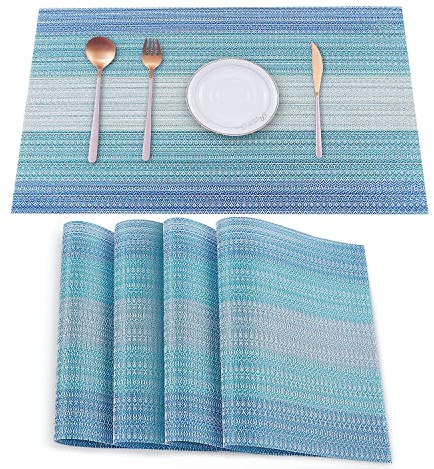 HeloHo Tischsets aus Vinyl, schmutzabweisend, faltbar, waschbar, abwischbar, für Küche, Esstisch, Dekoration, drinnen und draußen, 4 Stück (blau)
