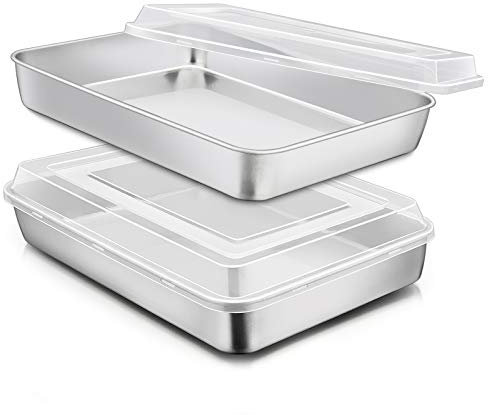 E-far Stainless Steel Baking Pan with Lid, 12⅓ x 9¾ x 2 Inch Rectangle Sheet Cake Pans with Covers Bakeware for Cakes Brownies Casseroles, Non-toxic & Healthy, Heavy Duty & Dishwasher Safe - Set of 2