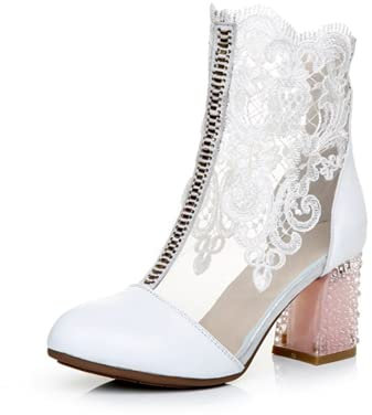 WAYERTY Stivaletti con Tacco Spesso in Pizzo Cavo, Sandali Leggeri Estivi alla Moda da Donna Dietro Stivaletti Corti con Cerniera Punta Tonda Stivali A metà Polpaccio in Pelle PU Scarpe,Bianca,41EU