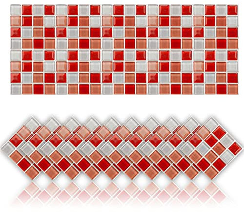Cendray 20 Stück Fliesenaufkleber öldichte wasserdichte PVC Selbstklebende Dekoration Mosaik-Stil Küche Badezimmer Fliesenaufkleber (20x20cm,Rot)