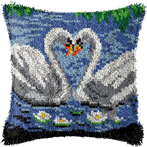 XUJINGJIE Knüpfkissen Knüpfteppich Zum Selber Knüpfen DIY Schwan Kissenbezug Teppich Stickerei Sofa Craft Set Für Kinder Und Erwachsene, 43X43cm
