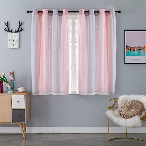 GIRASOLE HOME® Coppia Tende Doppio Velo Oscuranti Morbide Fantasia Stelle Vuote Tenda Isolante per Camera e Cameretta Bambini 2 Pannelli con Occhielli (140x145cm, Rosa e Violetto)