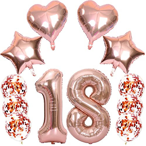 Feelairy Luftballons Zahl 18 Rosegold Folienballon Nummer 18, Helium Ballons Herz Sterne Roségold, Ballons Konfetti Rosegold, Zahlenballon 18 für Geburtstag Mädchen Party Deko