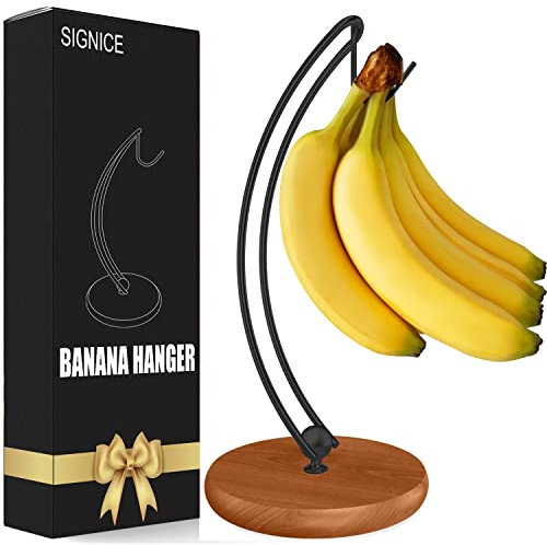 Signice Banana Holder Stand - Patented Modern Tree Hanger With Wood Base and Stainless Steel Rack for Home Kitchen Use, Doesn't Tip Over (New Black)