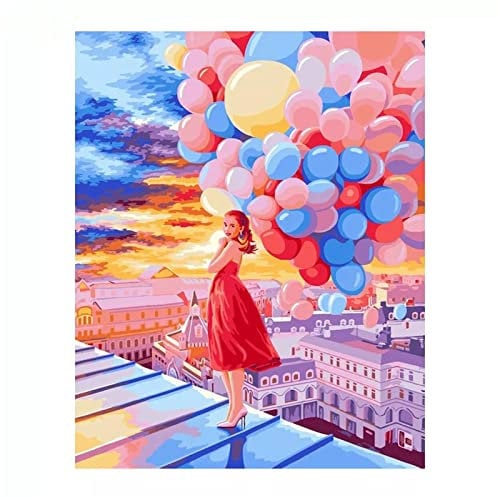 Mädchen-Landschafts-Ballon Malen nach Zahlen,DIY Handgemalt Ölgemälde Malerei auf Leinwand Kinder Anfänger Malsets mit Pinseln Acrylic Paintby Numbers Kits Haus Wand Decor Geschenk 50x65cm Mit Rahmen