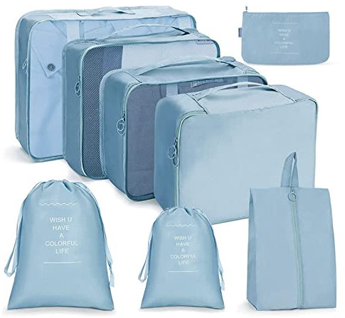 OSDUE Koffer Organizer Set 8-teilig, Packing Cubes, Wasserdichte Reise Kleidertaschen, Packtaschen für koffer, Verpackungswürfel mit Schuhbeutel, USB Kabel Tasche (Blauer See)