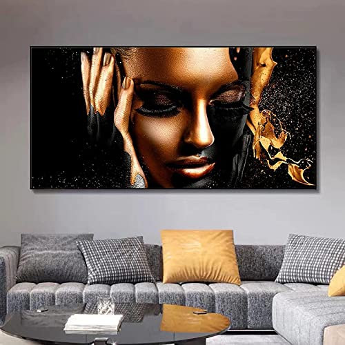 HTWLMM Leinwand Malerei Schwarz Gold Afrikanische Frau Wandkunst Bilder für Wohnzimmer Schlafzimmer Dekoration Leinwandbilder Poster Rahmenlos (60X120CM)