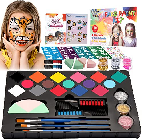Kinderschminke Fasching Set - Karneval Schminke Kinder Gesicht - Mit 16 Gesichtsfarbe, 3 Glitzer, 36 Schablone, 3 Pinsel, 4 Make Up Schwamm, 2 HaarfarbeKamm - Karnevalsschminke Kinder