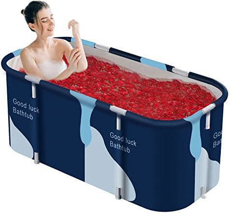Sinbide Badewanne, 133x64x47cm Faltbare Familienbadewanne für Erwachsene, Tragbare Outdoor Badewanne, Große Größen (Blau-Weiß)