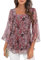 Syphiby Three Quarter Sleeve Tunics, Chiffon Blouse with Elegant Floral Pattern - Khaki Evening Longline Tops