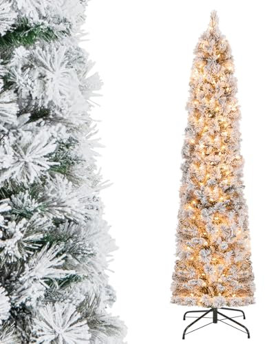 DREAMADE 180 cm Künstlicher Weihnachtsbaum, Christbaum mit Beleuchtung & Schnee, Kunstbaum mit 150 warmweißen LED-Lichtern