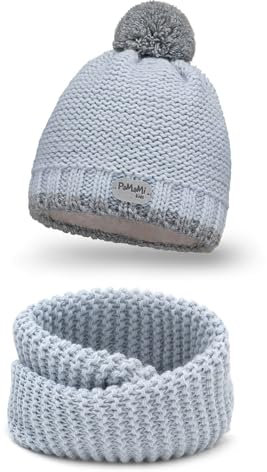 PaMaMi Winter Mütze und Schal Set Mädchen I Mädchen Wintermütze I Strickmütze Beanie mit Fellbommel und Fleece Gefüttert Schal Mütze Set I Stylish Loop Schlauchschal I 3-7 Jahre Alt