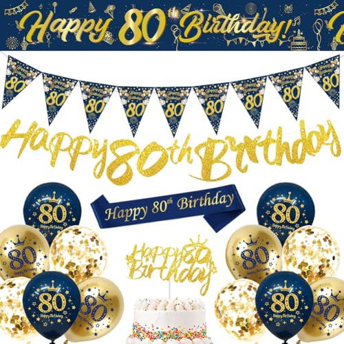 Blue Gold Happy 80th Birthday Banner, Balloons, Bunting Flags, Sash, Cake Toppers for Men & Women - Party Supplies