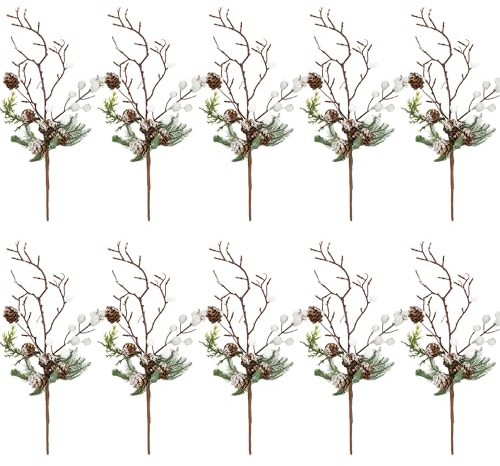 SPRINGOS Künstliche Zypresse-Zweige mit weißen Vogelbeeren Tannenzapfen 15 cm 10 Stück
