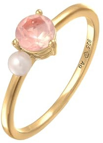 Elli Ring Elli PREMIUM Ring Damen Elegant mit Rosenquarz und Süßwasserzuchtperle in 925 Sterling Silber Vergoldet