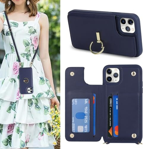 SailorTech iPhone 11 Pro Max Case With Credit Card Holder, Leather Ring Stand, Kickstand Strap, Card Slots, Wallet Crossbody - Navy Blue