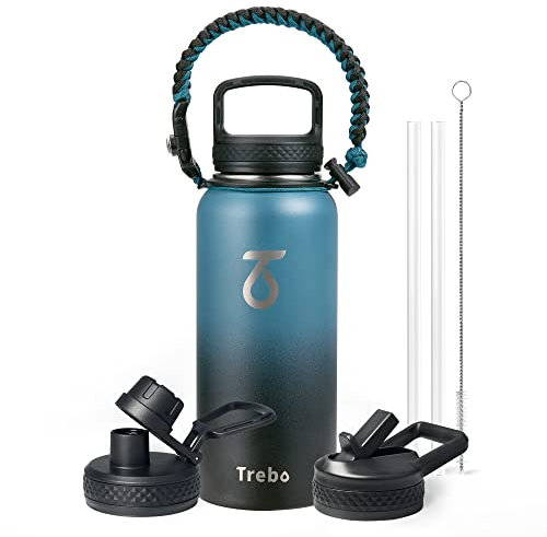Trebo Bouteille d'eau isotherme en métal avec poignée en paracorde à large goulot double paroi en acier inoxydable pour garder au froid 48 heures avec 3 couvercles, noir indigo