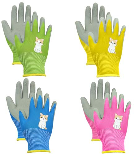 BORISCA 4 Paar Gartenhandschuhe Kinder, 4 Farben Arbeitshandschuhe Kinder Cartoon, Niedliche Katze kinderhandschuhe Garten Verschleißfeste Rutschfeste Schutzhandschuhe für 7-10 Jahre kinder