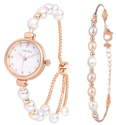 JewelryWe Perlenuhren Armband Set für Damen: Rosegold Damenuhr Analog Quarz Armbanduhr mit verstellbar Perlenarmband Uhr Schmuckset Geschenk für Frau Freundin Mutter