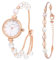 JewelryWe Perlenuhren Armband Set für Damen: Rosegold Damenuhr Analog Quarz Armbanduhr mit verstellbar Perlenarmband Uhr Schmuckset Geschenk für Frau Freundin Mutter