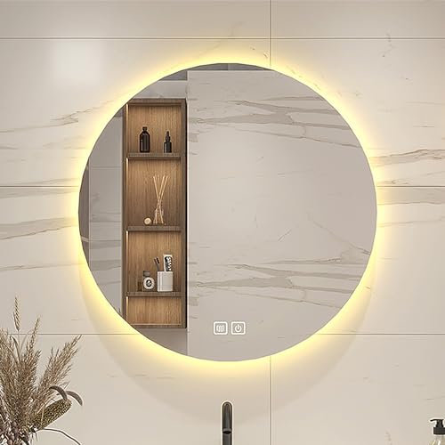 Undres Badspiegel mit Beleuchtung Rund, Badspiegel mit 2 Touch Schalter Runder Badezimmerspiegel mit LED Beleuchtung mit 3 Lichtfarbe dimmbar und Antibeschlagfunktion für Badezimmer und Räume