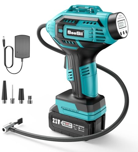 Seesii Pompe à air sans Fil, compresseur sans Fil, compresseur d'air Maximum 150 PSI, compresseur Manuel, Pompe à air électrique Portable, pour Voiture, Moto, vélo, Ballons